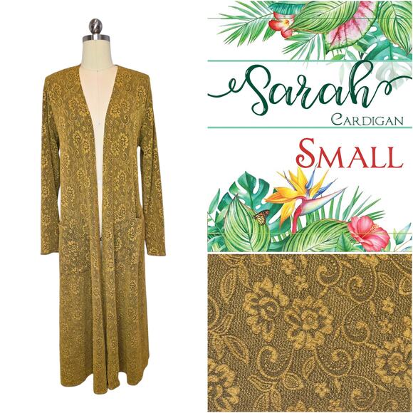 LuLaRoe Sarah Cardigan Small Floral Golden Mustard Jacquard Longline Duster - Picture 9 of 9